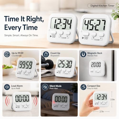 2 Pack Digital Timer for Kids Classroom Kitchen Timers for Cooking (2 * Pure White)