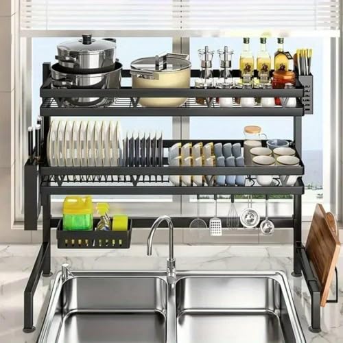 3 Tier Over Sink Dish Draining Rack Adjustable Width and Height with Phone Holder Cup Holder