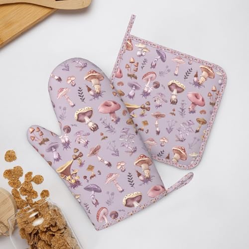 Oven Mitts Pot Holders Set Mushrooms Vintage Botanical Silicone Kitchen Gloves Potholders Heat Resistant for Chef Baking Cooking Grilling BBQ 4 Pack Mitt (B113)