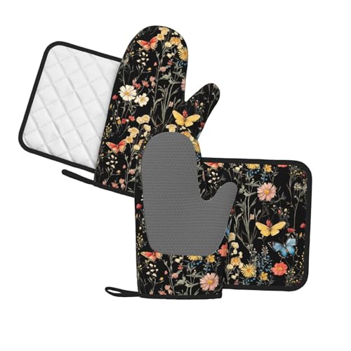 Oven Mitts Pot Holders Set Vintage Butterfly Flower Botanical Silicone Kitchen Gloves Potholders Heat Resistant for Chef Baking Cooking Grilling BBQ 4 Pack Mitt (B017)