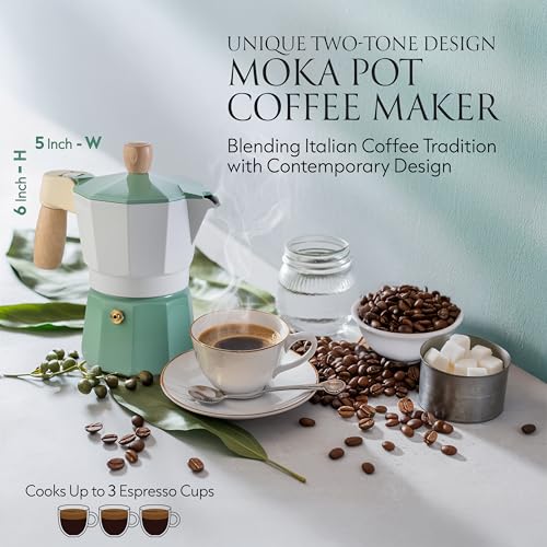 3 Cup Moka Pot Stovetop Espresso Maker (Green - Ivory / 3 Espresso Cups)