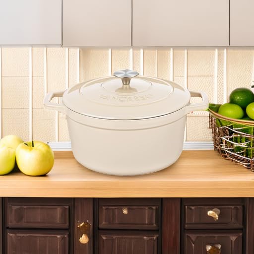6 Qt Round Enameled Cast Iron Dutch Oven with Lid & Handles (6 Qt-round / Cream)