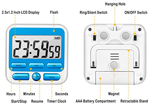 4-in-1 Digital Timer with Count Up/Down, Clock & Alarm, Ring & Silent Modes (Blue)