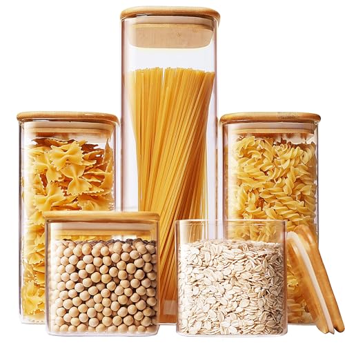 Square Glass Jars with Bamboo Lids 34 FL OZ [Set of 6]