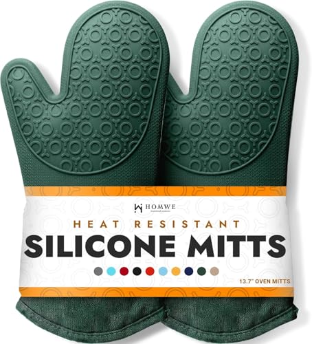 BPA Free Silicone Oven Mitts Ultra Heat Resistant up to 500°F (Green / 2-Piece 13.7" Oven Mitts)