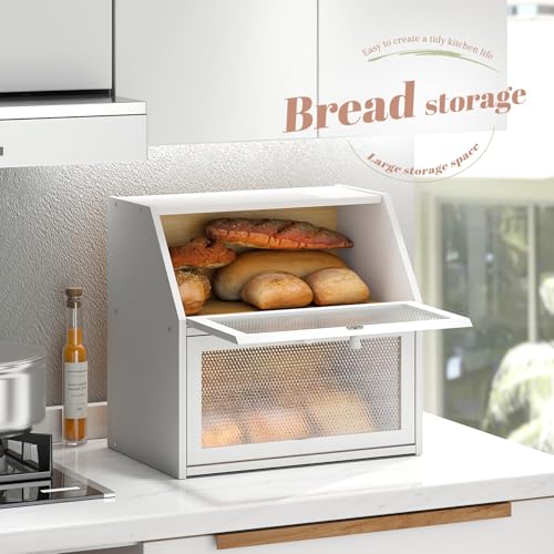 Bread Box for Kitchen Countertop Bin Double Layer Bread Box Storage Container Extra Large Capacity with Diamond Pattern Windows (White / Extra Large)