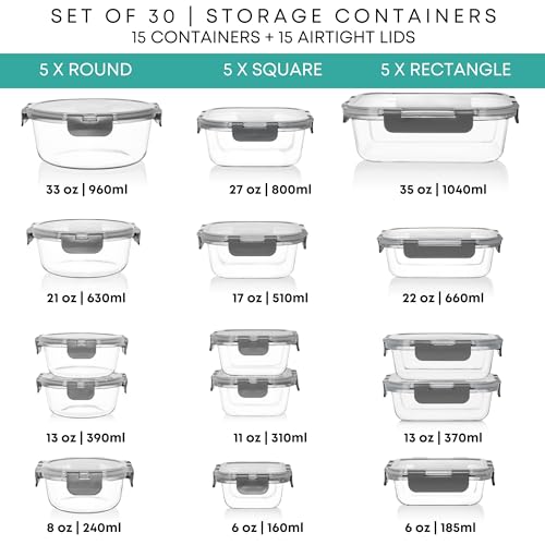 30 PC Glass Food Storage Containers with Lids (Gray)