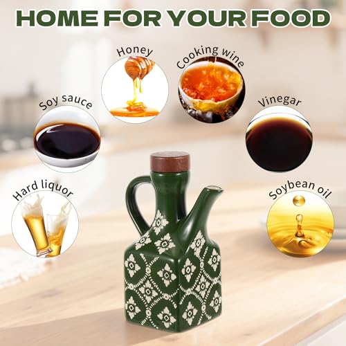 8.5 oz Ceramic Olive Oil Dispenser Bottle Decorative Olive Oil Dispenser Bottle with Handle & Wooden Stopper Relief Opaque Ceramic Oil Cruet for Kitchen Cooking Oil Vinegar (Green)