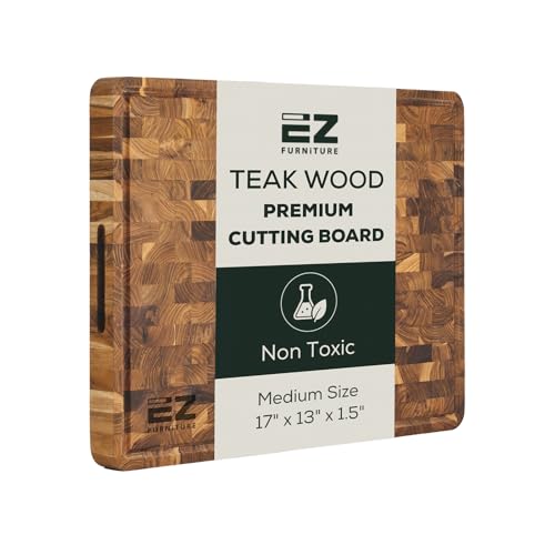 Medium (M) Teak End Grain Cutting Board, Reversible, Knife-Friendly Charcuterie Wood Cutting Board with Juice Groove & Handles, Non-Toxic, Gift Box Included (7" x 13" x 1.5") (M - Teak End Gain / 17"L x 13"W)