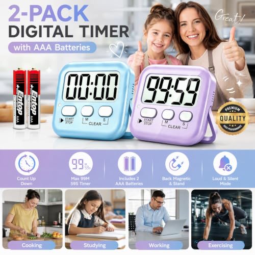2 Pack Digital Timer for Kids Classroom Kitchen Timers for Cooking (2 * Sky Blue + Lavender Purple)