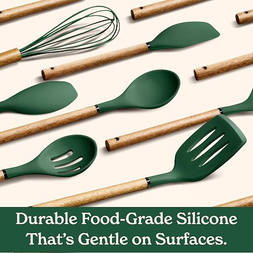 Non Stick Silicone Utensil Set with Rounded Wood Handles for Cooking and Baking (8 Piece Set / Green)