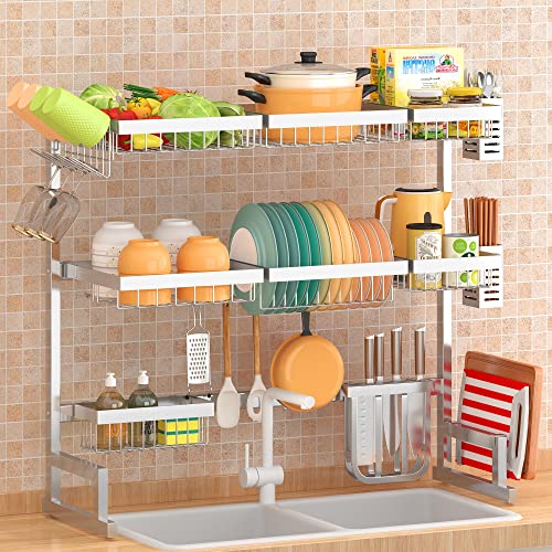 Over Sink Dish Drying Rack Stainless Steel (Silver(304 Stainless Steel) / 3Tier - Standard(34"-46"))