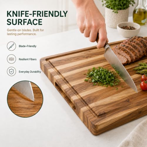 Edge Grain Teak Wood Cutting Board 18x14x1.25" With Deep Juice Groove & Side Handles (Teak Wood - Edge Grain / 18"L x 14"W)