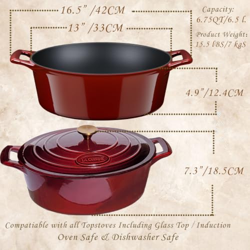 La Cuisine Enameled Cast Iron Oval Dutch Oven Casserole Dish Pot with Lid 6.75 QT Internal Matt Black Enamel Coating Gold (6.75 QT Oval / Cranberry)