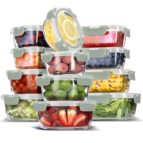 24pc Glass Storage Containers with Lids (Sage Green / 12 Pack)