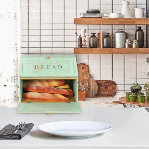 Retro Double Layer Large Bread Box for Kitchen Counter (Mint Green)