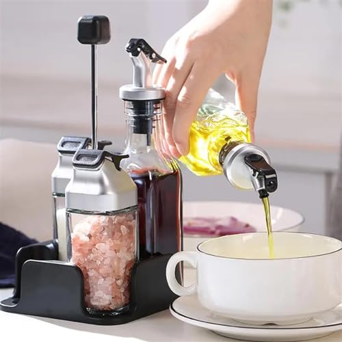 Oil and Vinegar Dispenser Set Oil and Vinegar Salt Pepper and Dispenser Set with Storage Tray and Stainless Steel Condiment Kitchen Accessories