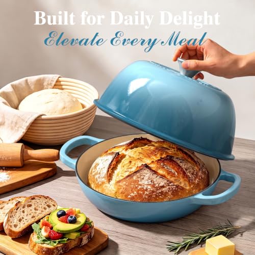 6QT Enameled Cast Iron Dutch Oven Bread Baking Gift Set (Blue)