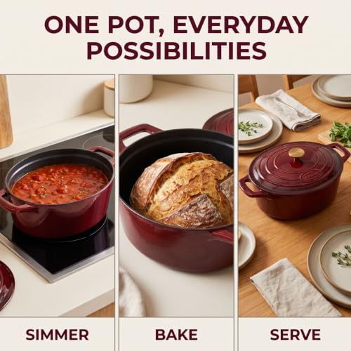 La Cuisine Enameled Cast Iron Oval Dutch Oven Casserole Dish Pot with Lid 5 QT Internal Matt Black Enamel Coating (5.0 QT Oval / Cranberry)