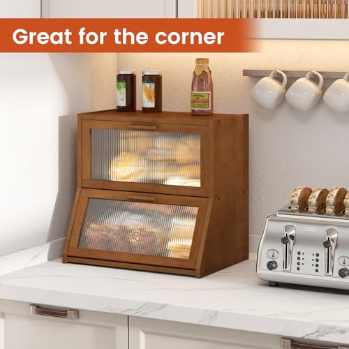 Double Layer Bamboo Bread Box for Kitchen Counter (Brown / Extra Large)
