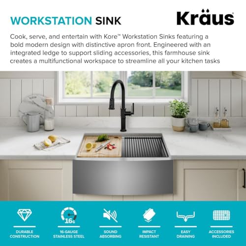 Kore 24 Inch Farmhouse Workstation 16 Gauge Single Bowl Stainless Steel Kitchen Sink with Accessories (24 Inch / Rounded Farmhouse / Stainless Steel)