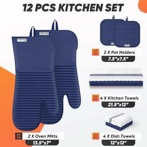 Oven Mitts Kitchen Towels and Dishcloths with Pot Holders Sets (Marine Blue)