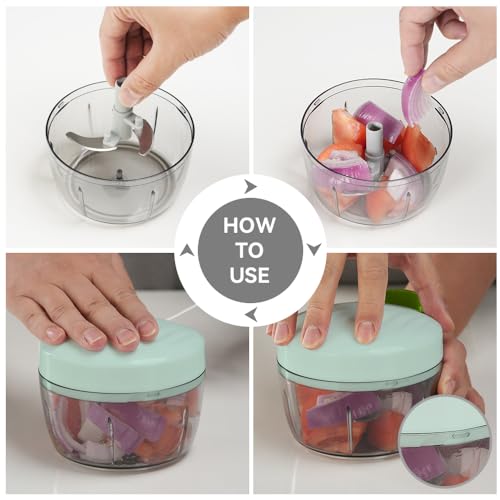 Manual Food Processor Vegetable Chopper 2.3 Cup Small Mini Hand Pull String Onion Chopper Garlic Mincer Cutter with 3 Stainless Steel Blades
