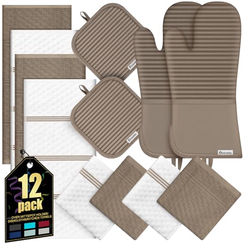 Oven Mitts Kitchen Towels and Dishcloths with Pot Holders Sets (Khaki)