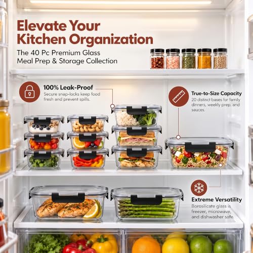 40 PC Borosilicate Glass Food Storage Containers with Airtight Lids (Black)