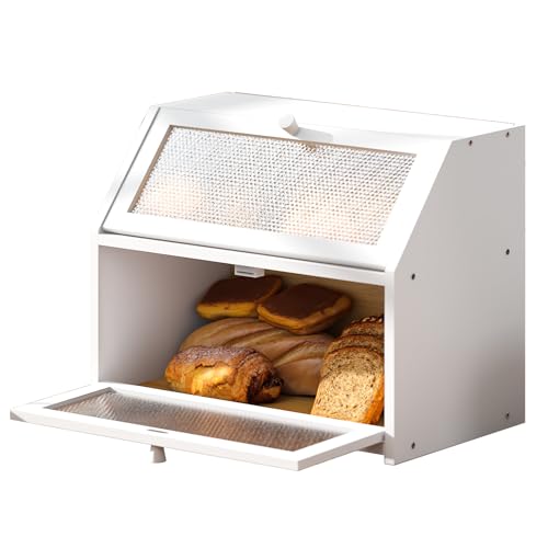 Bread Box for Kitchen Countertop Bin Double Layer Bread Box Storage Container Extra Large Capacity Farmhouse with Diamond Pattern Windows (White / Large)