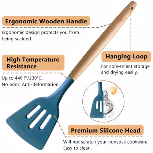 Silicone Cooking Utensils Set 6Pcs Heat Resistant Silicone Kitchen Utensils Set for Cooking Spatula Spoon Turner Ladle w Wooden Handle (Standard 6-Piece Set / Blue)