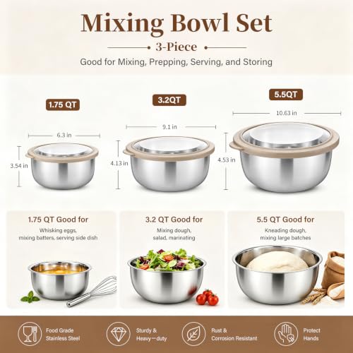 Mixing Bowls with Lids Set of 3 (Khaki)