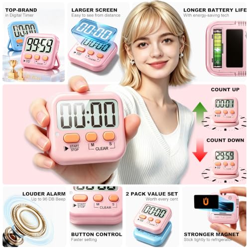 2 Pack Digital Timer for Kids Classroom Kitchen Timers for Cooking (2 * Dreamy Pink + Blue ( 95%+select for Boy & Girl ))