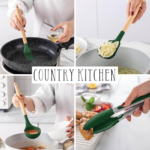 Non Stick Silicone Utensil Set with Rounded Wood Handles for Cooking and Baking (38 Piece Set / Green)