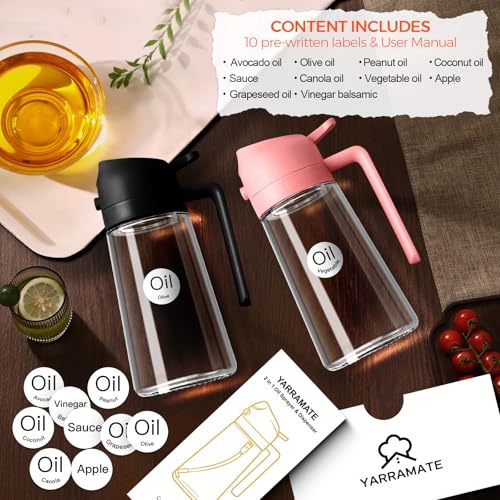 2Pcs 16oz 470ml Glass Olive Oil Sprayer for Cooking with Stickers (2Pcs Black & Pink)