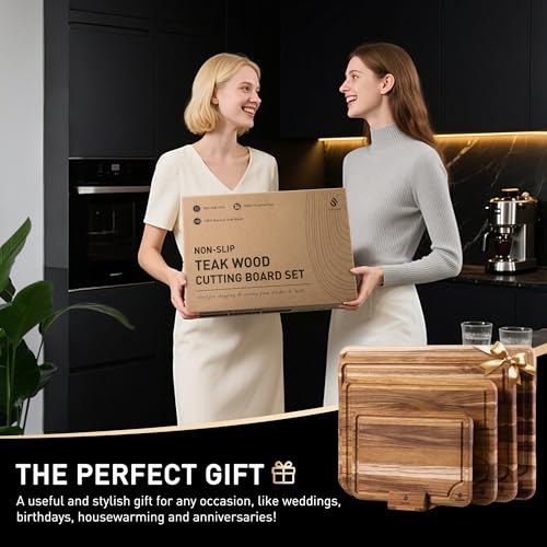 4 Pack Teak Cutting Boards for Kitchen Wood Wooden Cutting Board Non Toxic (Multi-Size Set | 4 Pack with Holder)