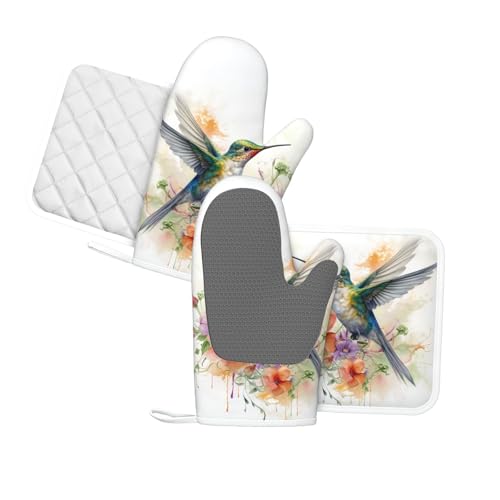Oven Mitts and Pot Holders Watercolor Hummingbird Flower Silicone Kitchen Accessories Set of 4 Heat Resistant Long Gloves Potholder Non (B02)