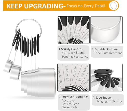 Stainless Steel Measuring Cups and Spoons Set of 16 (Black)