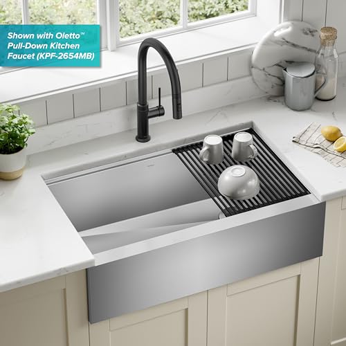 Kore 33 Inch Farmhouse Workstation with In Sink Dish Drying Rack (33 Inch / Flat Farmhouse / Stainless Steel)