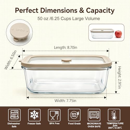 50 oz Glass Food Storage Containers with Glass Lids (50oz)