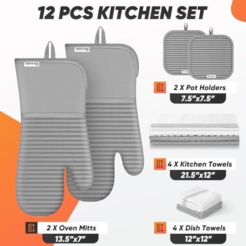 Oven Mitts Kitchen Towels and Dishcloths with Pot Holders Sets (Gray)