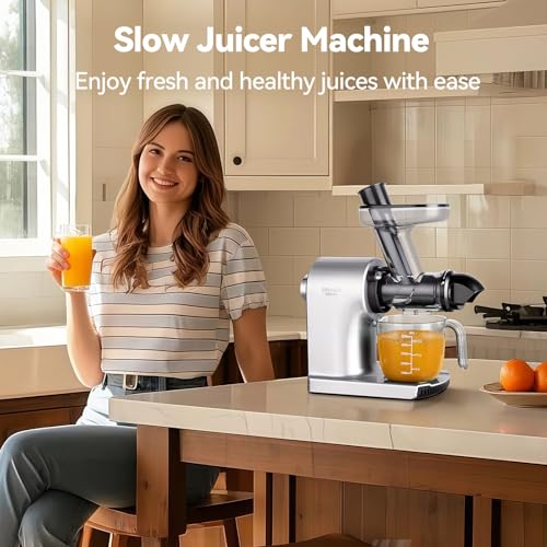 Cold Press Juicer ORMEO HOME Masticating Juicer Machines withLarge Feed Chute Fit Whole Vegetables & Fruits with Pulp Seperation 99.6% Juice Purity Quiet Motor