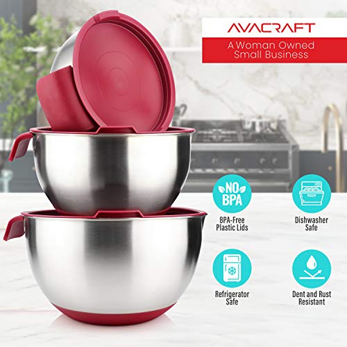 18 10 Stainless Steel Mixing Bowls with Lids (Red)