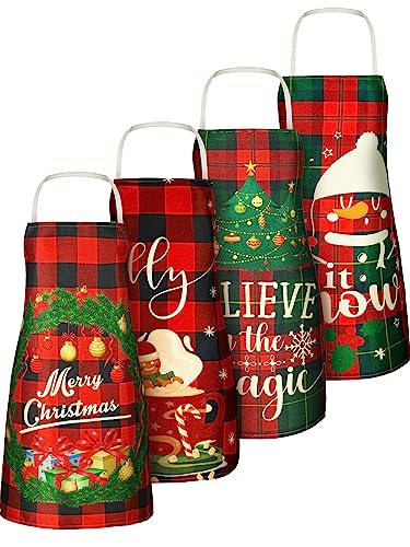 4 Pcs 21.7" x 26.8" Christmas Aprons Adjustable Kitchen Aprons Xmas Plaid Merry Christmas Bib for Adults