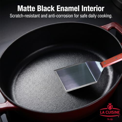 La Cuisine Enameled Cast Iron Braiser Sauté Pan Shallow Dutch Oven with Golden Knob for Lid Internal Matt Black Enamel 3.75 QT 11" (3.75 QT Braiser / Cranberry)
