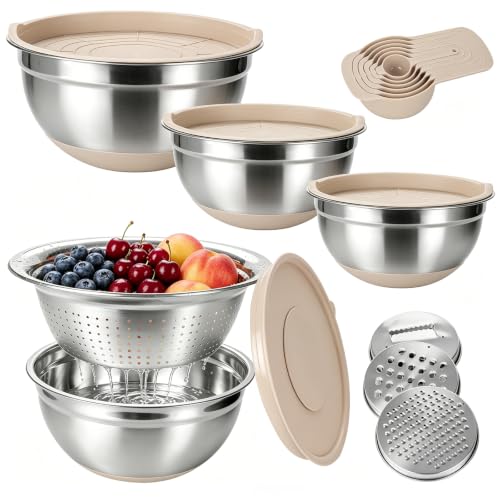 Stainless Steel Mixing Bowl Set with Lids (Khaki)