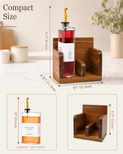 Glass Oil and Vinegar Dispenser Set with Acacia Wood Stand (Clear)