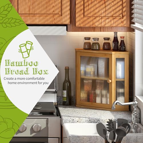 Corner Bread Box for Kitchen Countertop Double Layer Bamboo Wooden Bread box Large Capacity Bread Storage Bin (Natural / Medium)