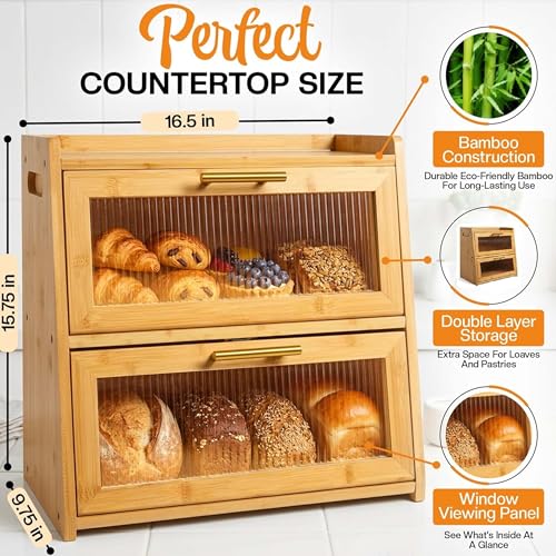 Extra Large Bamboo Bread Box for Kitchen Countertop