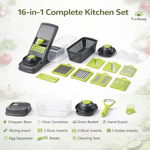 16-in-1 Vegetable Chopper & Mandoline Slicer – Multi-Function Food Cutter with Container, Stainless Steel Blades, Onion Dicer, Veggie Cutter, Grater Kitchen Tool